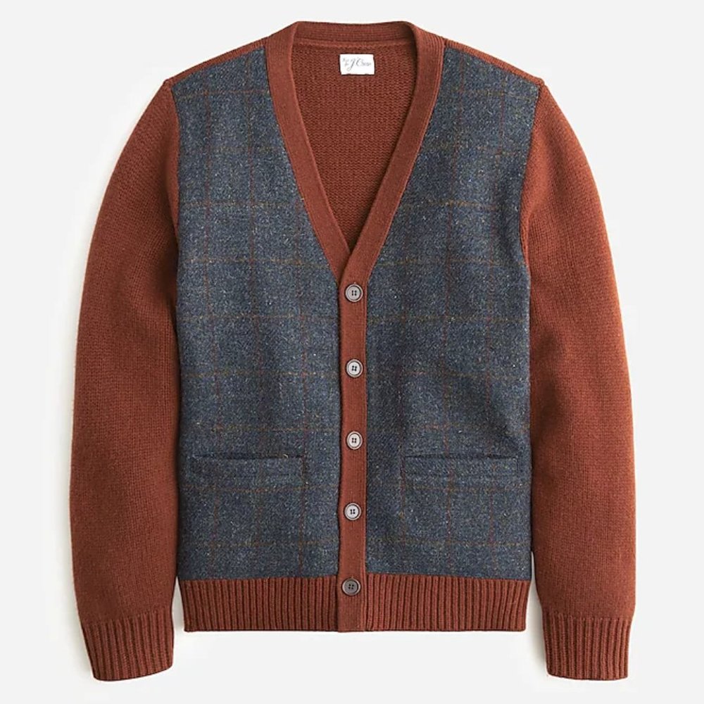 NWT J Crew 100% Wool Harris Tweed V-Neck Cardigan Sweater in Gray & Brown